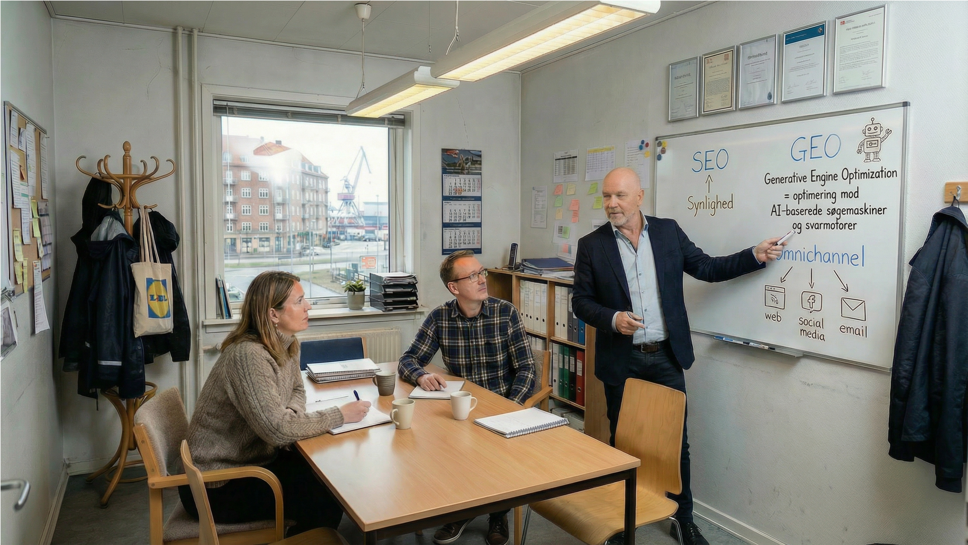 Illustration af en workshop med prioritering af opgaver på en whiteboardtavle